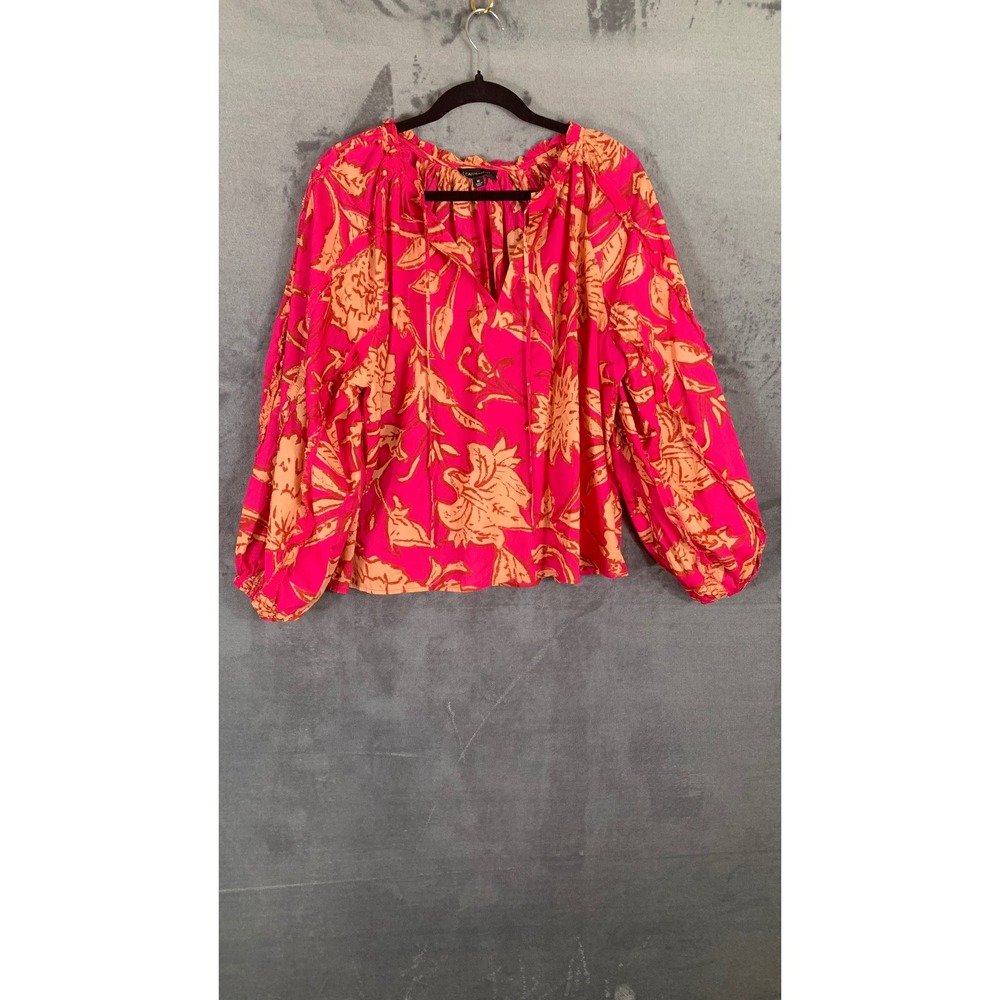 Calligraphie Pink Orange Floral Cotton Peasant Blouse Long Sleeve Tie Neck M - Picture 2 of 8